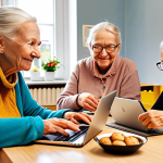 **

Prompt: A diverse group of Swedish seniors participating in a "digital fika" at a local community center, learning about online safety and digital tools with coffee and pastries on the table. Focus on the friendly, supportive atmosphere and intergenerational learning. Include laptops and tablets.

**