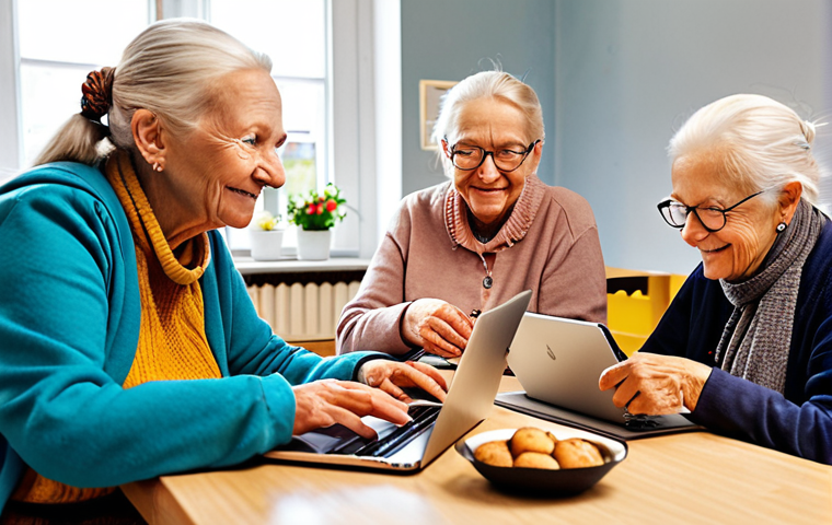 **
Prompt: A diverse group of Swedish seniors participating in a "digital fika" at a local community center, learning about online safety and digital tools with coffee and pastries on the table. Focus on the friendly, supportive atmosphere and intergenerational learning. Include laptops and tablets.
**