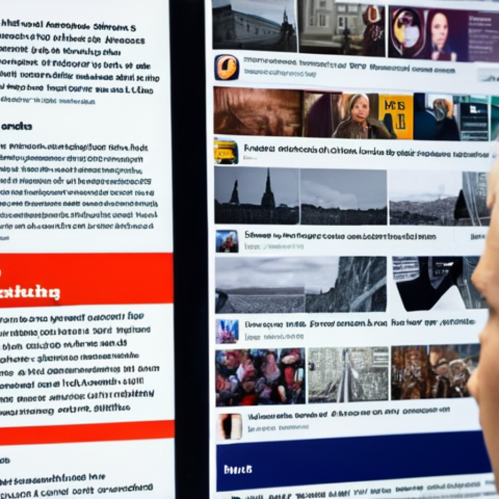 **

A person thoughtfully looking at a screen displaying a chaotic stream of news articles, social media posts, and advertisements. Overlaid on the screen are faint lines forming a web. In the background, blurry images of Swedish landmarks are visible, but overshadowed by the digital clutter. The overall tone is slightly anxious and contemplative, highlighting the challenge of navigating information overload and the need for critical thinking in the Swedish digital landscape. Focus on neutral colors with a pop of warning red.

**